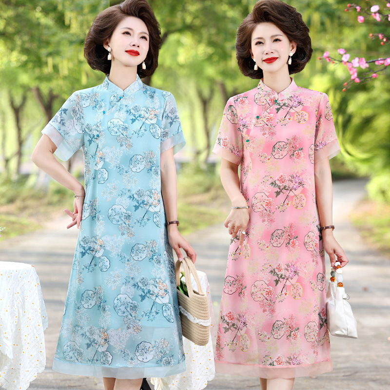 中年妈妈夏装短袖雪纺连衣裙2024新款中老年女装时尚立领旗袍裙子