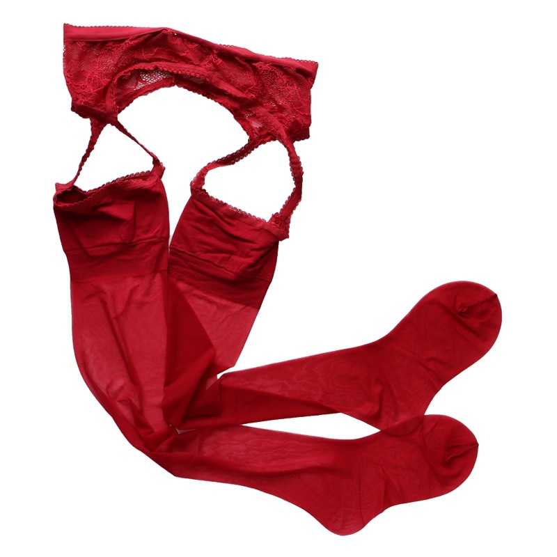 小红书蕾丝吊带一体袜长筒性感免脱丝袜诱惑四面开裆红色薄镂空丝