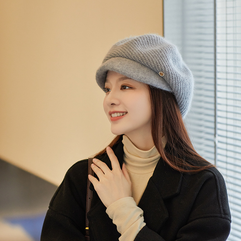 帽子女冬天鸭舌帽加绒加厚新款保暖护耳骑车针织毛线帽贝雷帽
