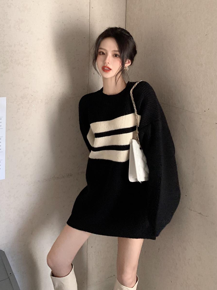 春季新款女装条纹毛衣中长款韩版套头小个子针织内搭