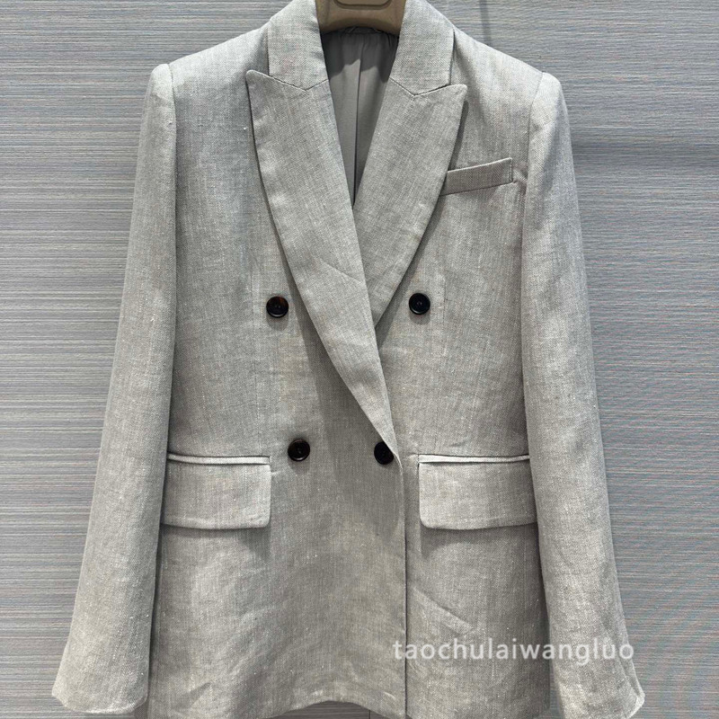 人字纹亚麻西装外套老钱风复古通勤高级感百搭双排扣西服 aw67911