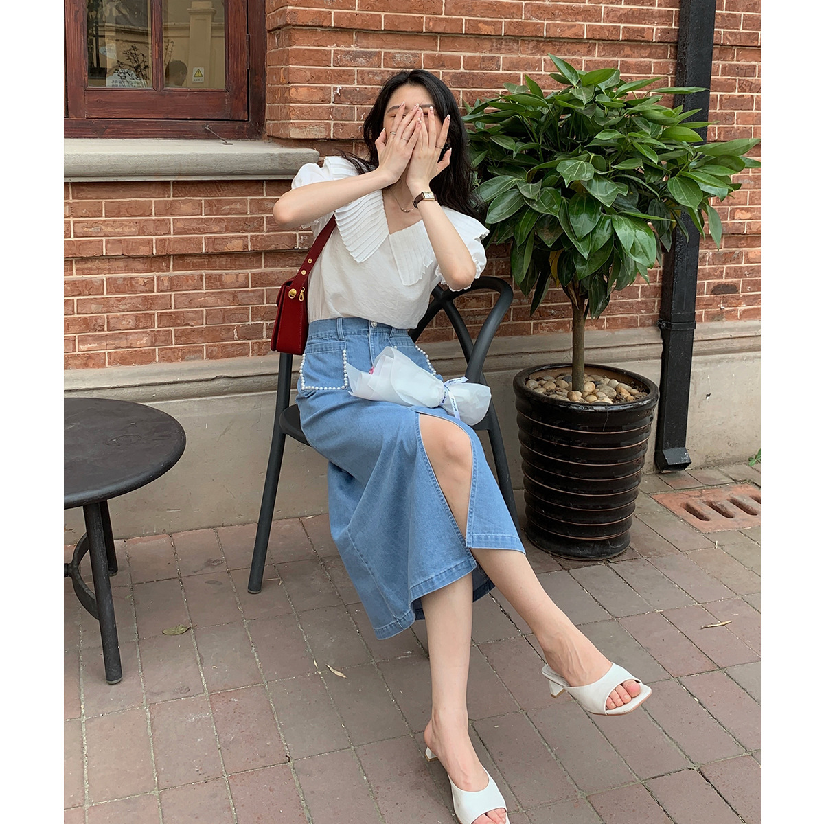 诠释美newopen法式珍珠口袋包臀开叉牛仔裙子女夏a字半身裙8762