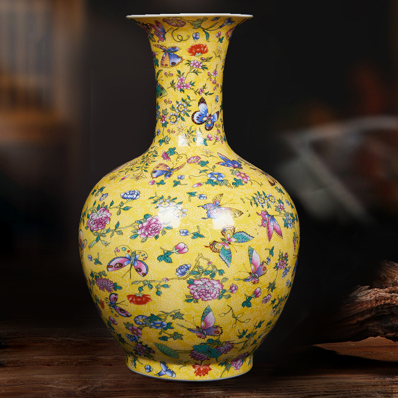 景德镇陶瓷摆件粉彩新中式花瓶黄蓝蝶恋花陶瓷花瓶办公室装饰品