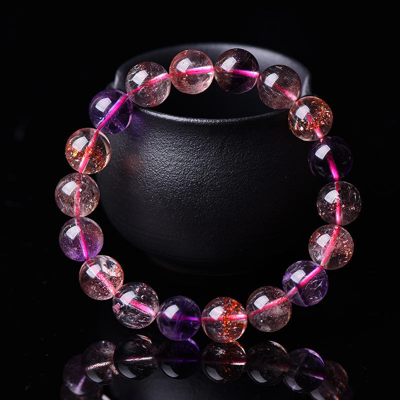 天然超七手链云母版超七紫发晶三轮骨干水晶手链