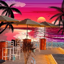 东南亚度假风椰树海滩墙纸夕阳红霞棕榈树壁纸泰国菜餐厅装饰墙布