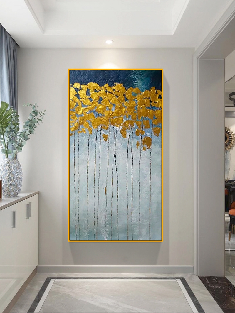 高端玄关竖版走廊过装饰画入室进门挂画轻奢金色发财树肌理油画