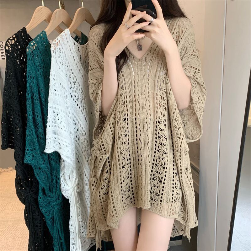 2024 New Summer Women's Clothes Pure Desire Hollow out Tied Knitted Top Loose Niche Mid-Length Cutout Blouse