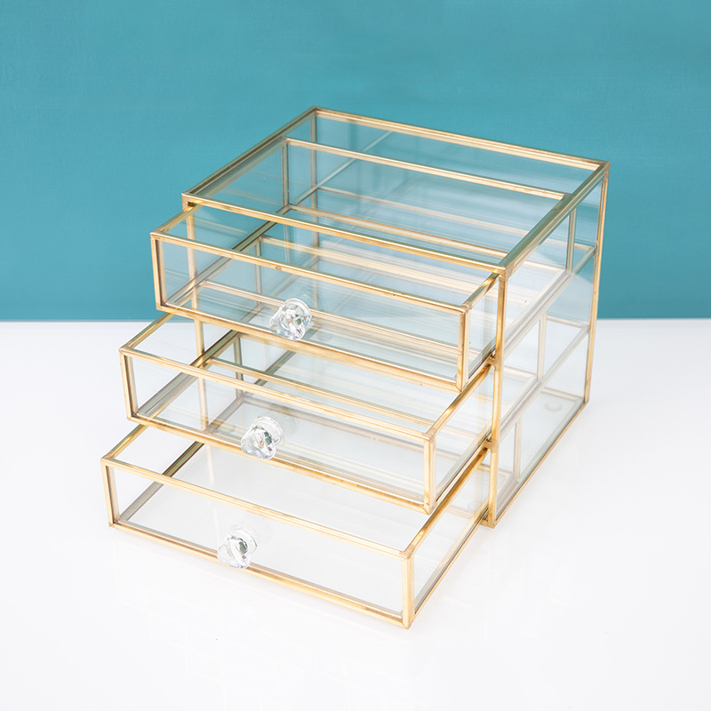 桌面玻璃首饰盒耳环耳钉项链戒指收纳盒抽屉式大容量防尘饰品盒
