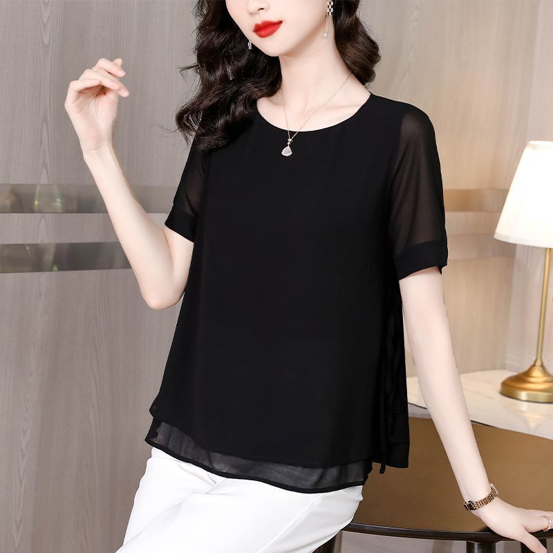 2024夏季新款雪纺衫洋气妈妈大码女装圆领短袖宽松显瘦中年上衣女