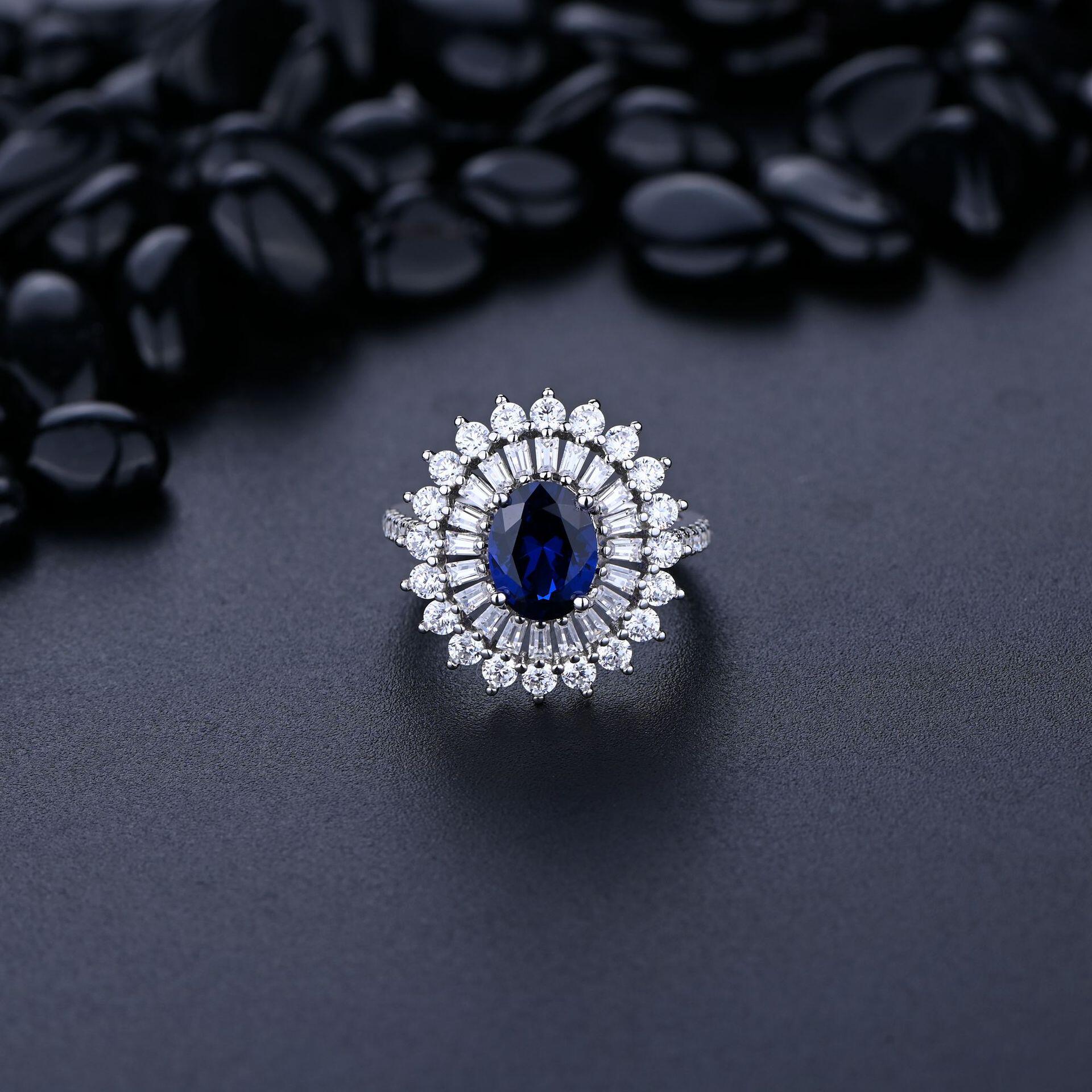 金萌珠宝 s925纯银7*9镶戒指蓝色宝石t形豪镶款式女礼物网红爆款