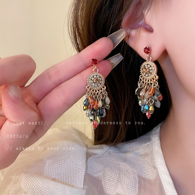 Silver Stud Rhinestone-Encrusted Flower Crystal Tassel Earrings Fashion Ear Studs Vintage Ethnic Style Light Luxury Earrings Wholesale for Women