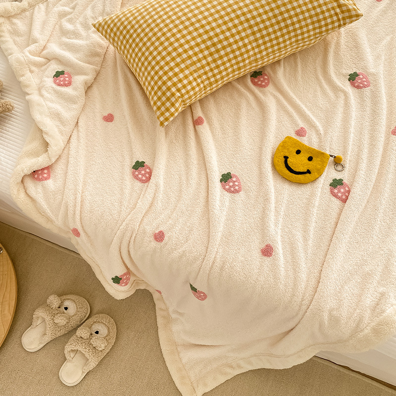 ins小熊毛巾绣暖肤绒被子盖毯双面加厚毛毯刺绣熊毛绒绒儿童被