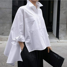 春秋装新款白色衬衫女韩版宽松文艺斗篷型长袖不规则衬衣时尚上衣