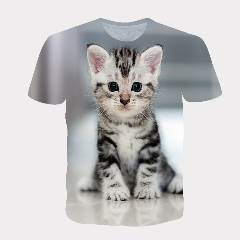 外贸童装 动物3d 数码 印花图案可爱猫 卡通 宽松圆领儿童t恤短袖