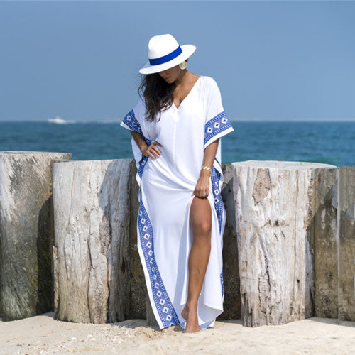 Cross-Border European and American Imitation Rayon Embroidered Loose Turkish Robe Beach Dress Vacation Skirt Bikini Swimsuit Blouse
