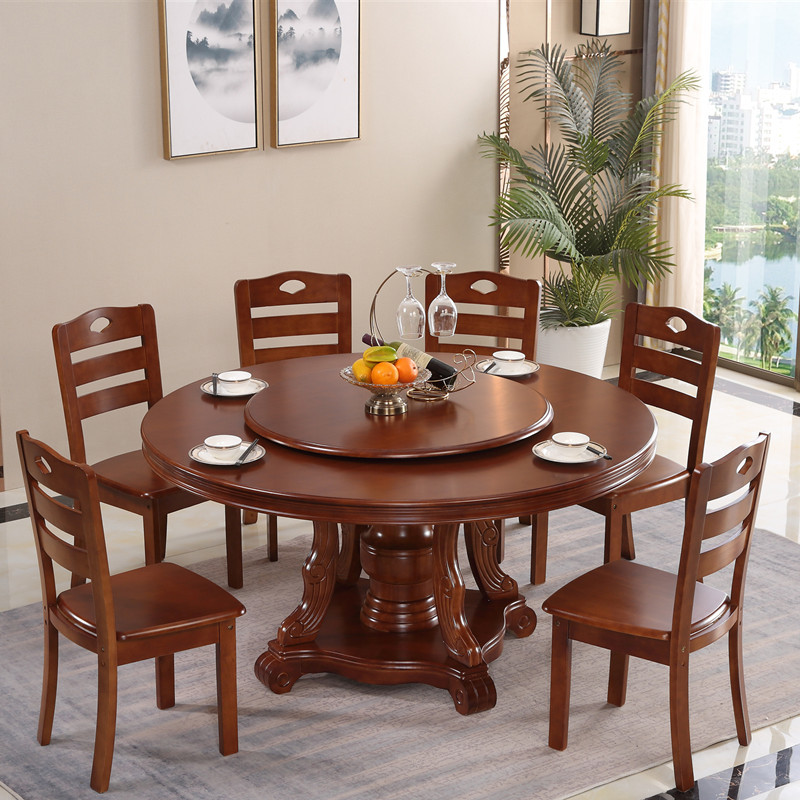 实木餐桌椅组合带转盘中式简约橡木大园歺桌10人家用圆形吃饭桌子