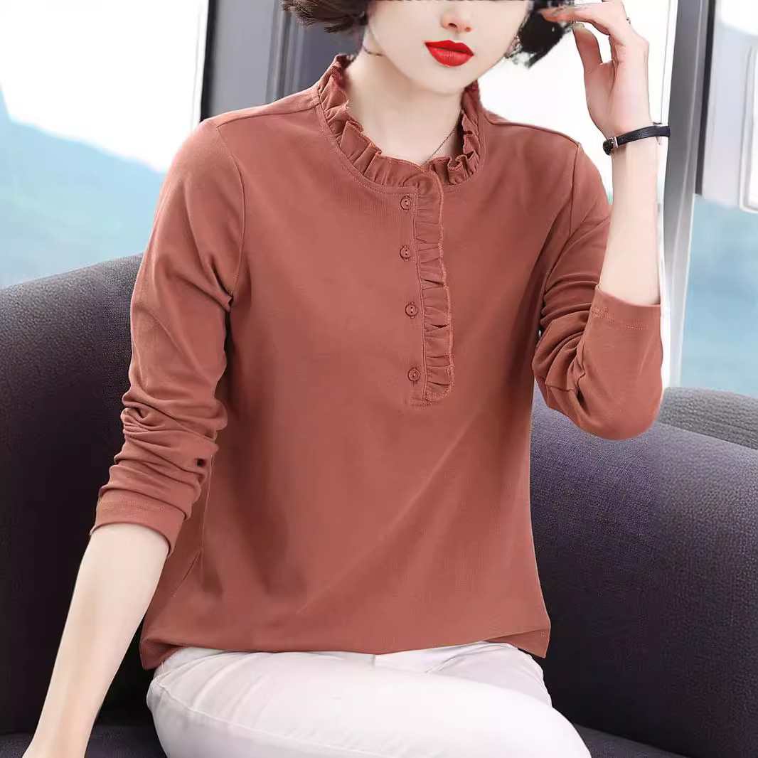 纯棉长袖t恤女休闲衬衫2024春秋装新款中老年妈妈洋气上衣打底衫