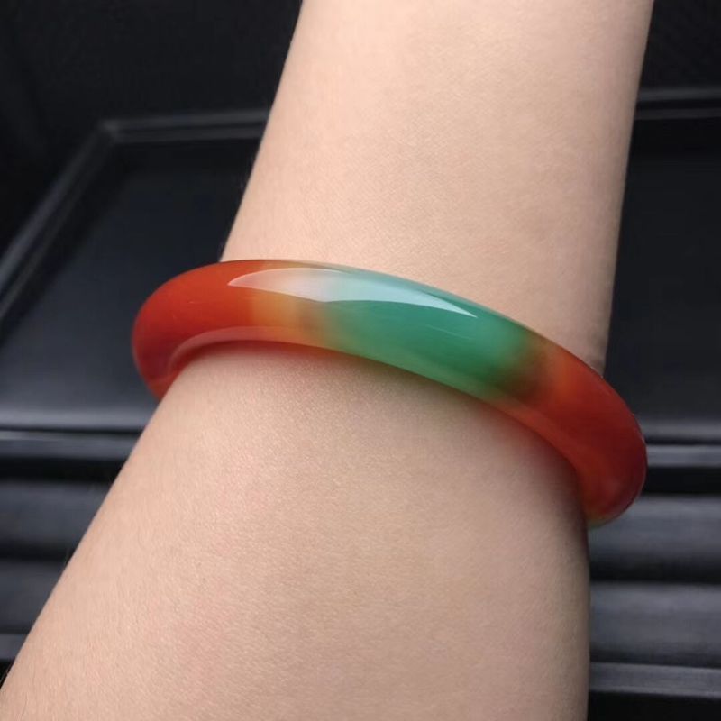 精美天然玛瑙色七彩玛瑙手镯女款巴西玛瑙圆条玉石镯子复古福镯