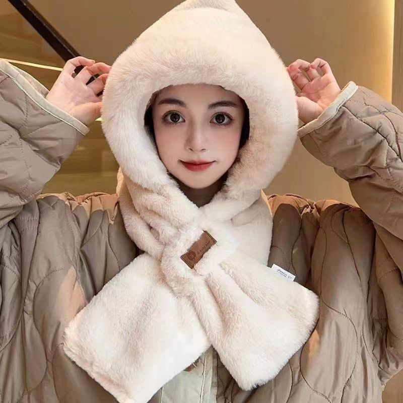 Hat Scarf One-Piece Hat Hooded Scarf Autumn and Winter Female Adult Cycling Warm with Velvet Earflaps Thickened Wind-Proof Cap