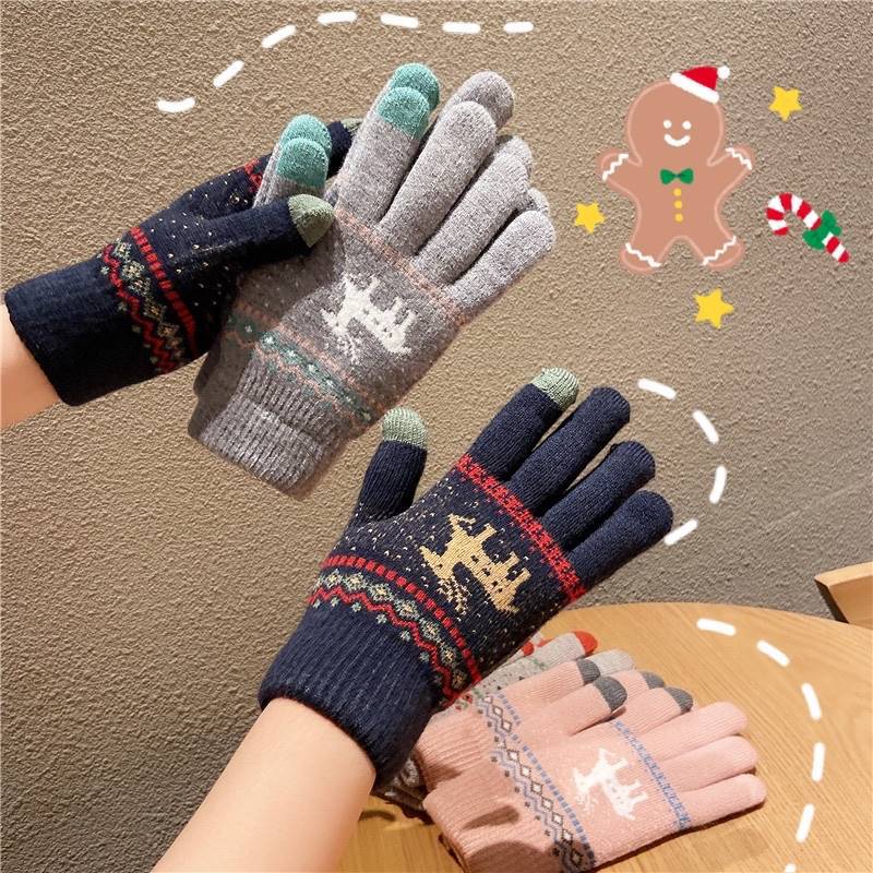 韩版学生情侣款冬季可爱韩加厚保暖圣诞麋鹿雪花毛线触屏针织手套