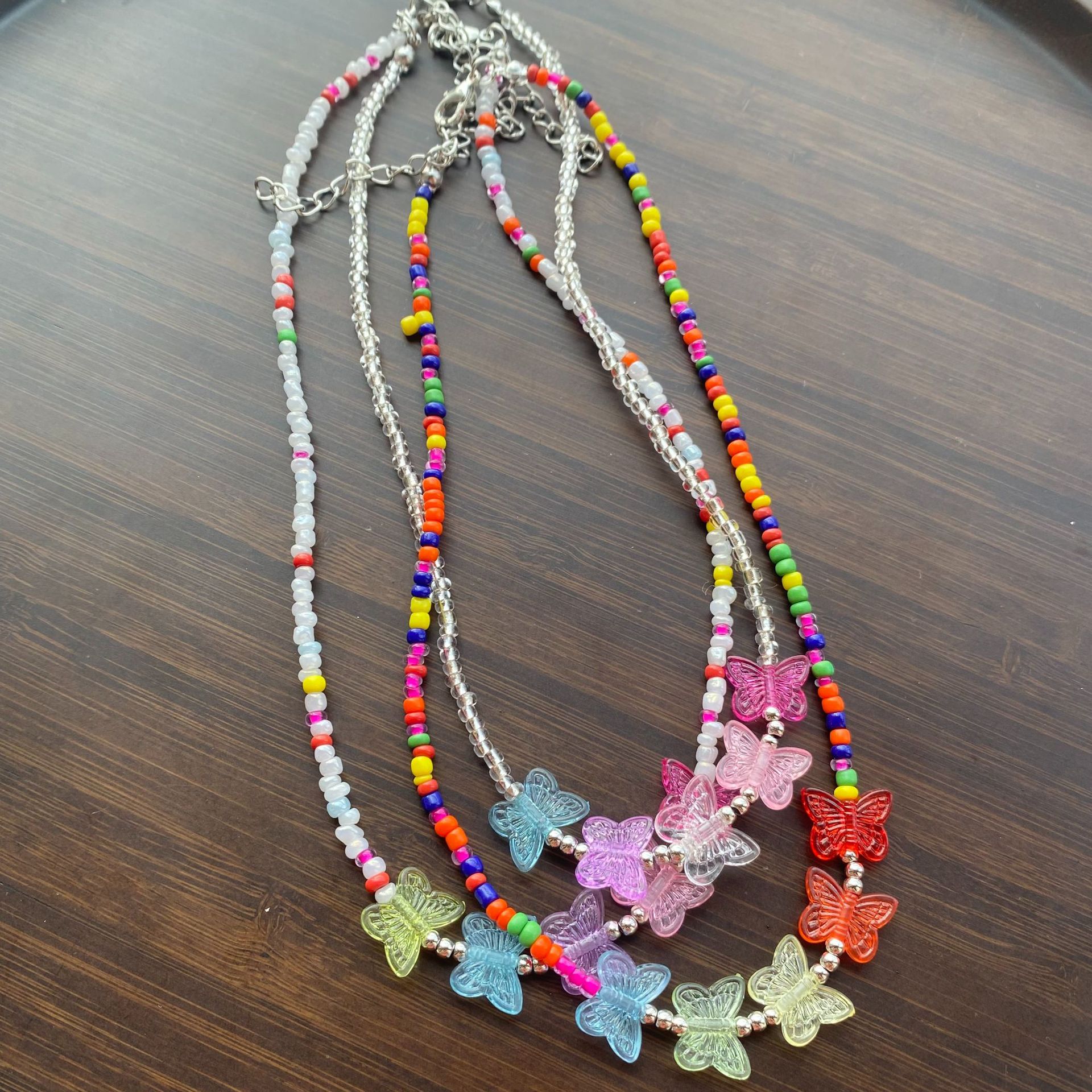 韩国复古彩色串珠蝴蝶项链 网红彩色串珠项链少女风彩虹蝴蝶项链