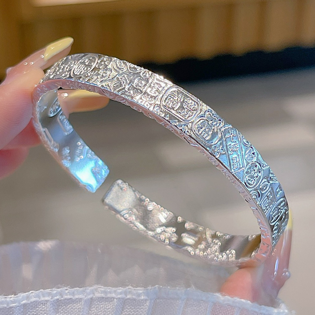 纯银手镯9999足银女正品吉言大克重宽面实心开口高级感国风银饰品