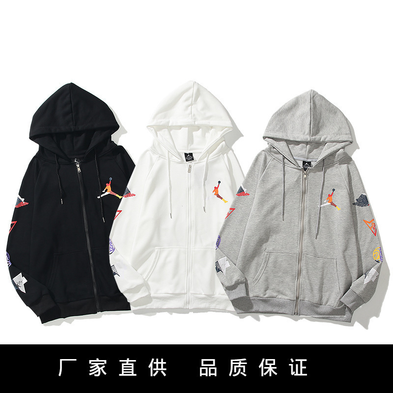 秋冬潮牌aj飞人刺绣陈冠希连帽卫衣男女情侣毛圈拉链外套跨境批发
