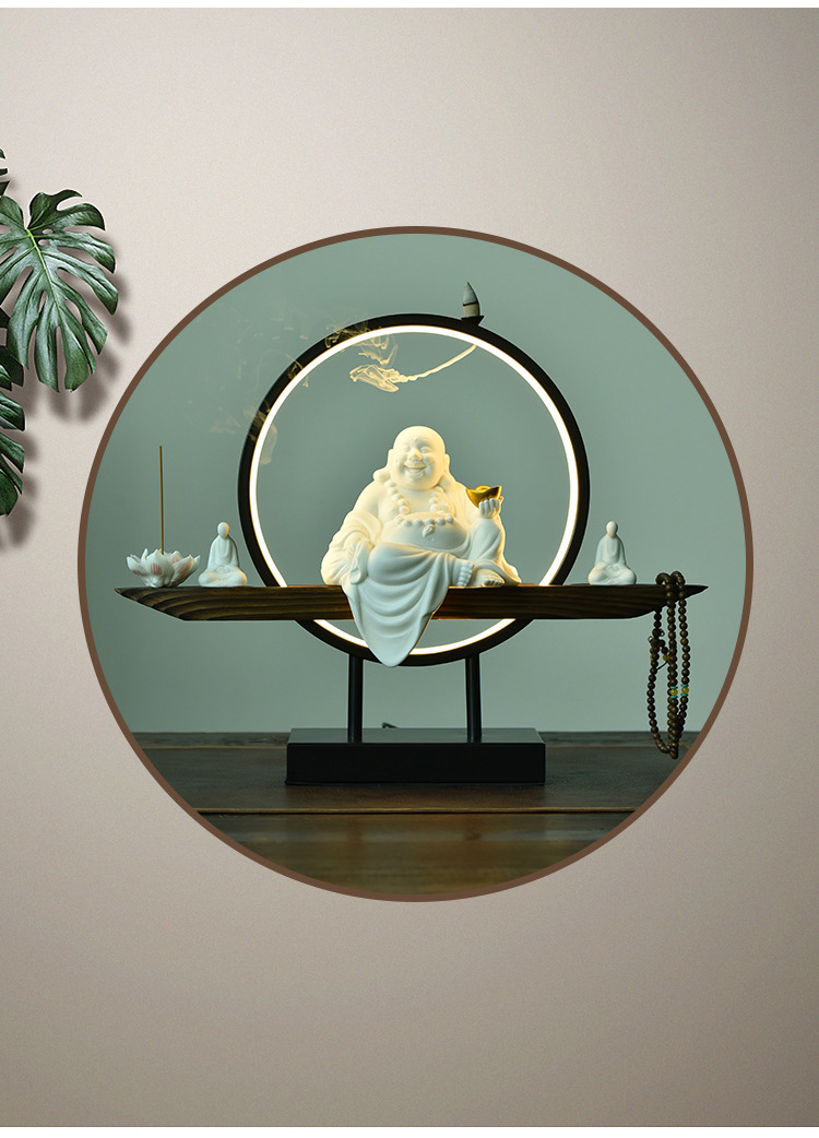 招财弥勒佛摆件陶瓷笑佛创意带灯光新中式禅意客厅玄关办公室书桌