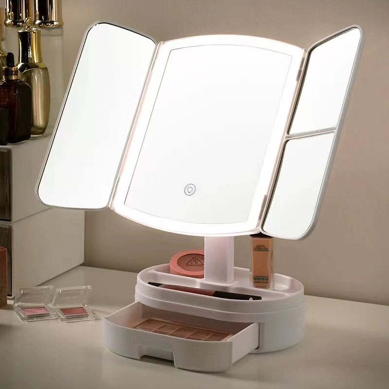 Desktop Vanity Mirror Beauty Magnifying Glass Desktop Smart 3 Fold Stack Portable Mirror with Light Fill Light Mirror Led Light Makeup Mirror