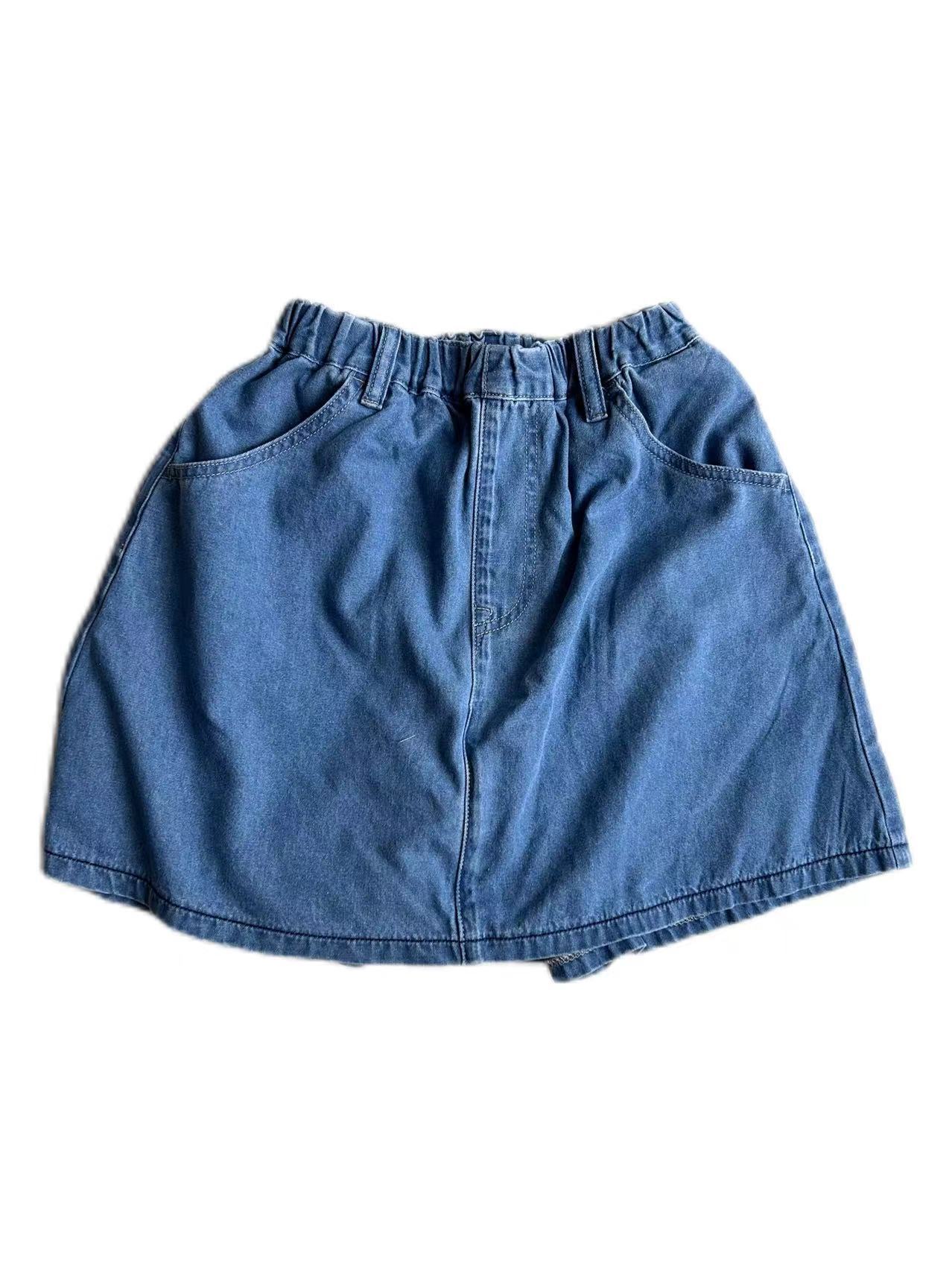 lp 2024夏季女童日系韩版简约百搭a字休闲浅蓝色软牛仔半身裙裤