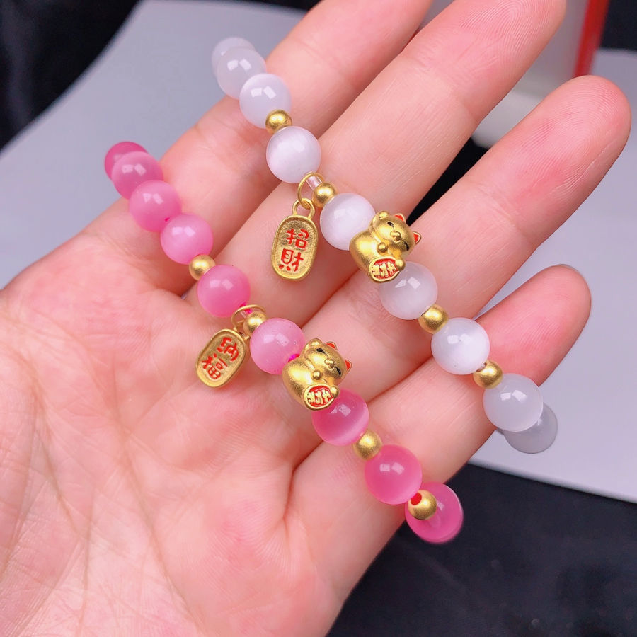 黄金转运珠女生手链999足金幸运招财猫手绳硬金散珠纯金猫眼手串