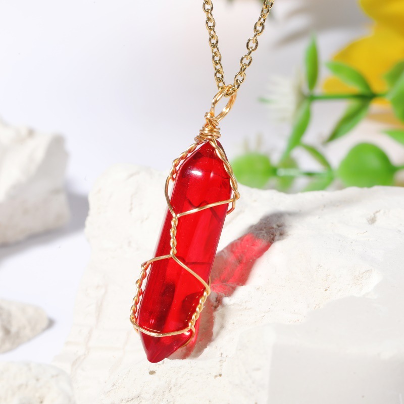 亚马逊新款铜丝缠绕红水晶六棱柱吊坠项链 外贸能量水晶项坠