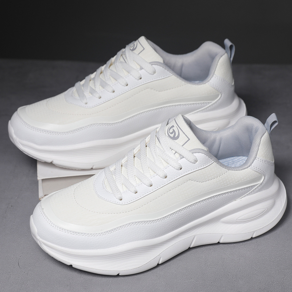 春秋季新款男士休闲运动鞋冷粘皮面防水超轻男式跑步鞋厚底老爹鞋