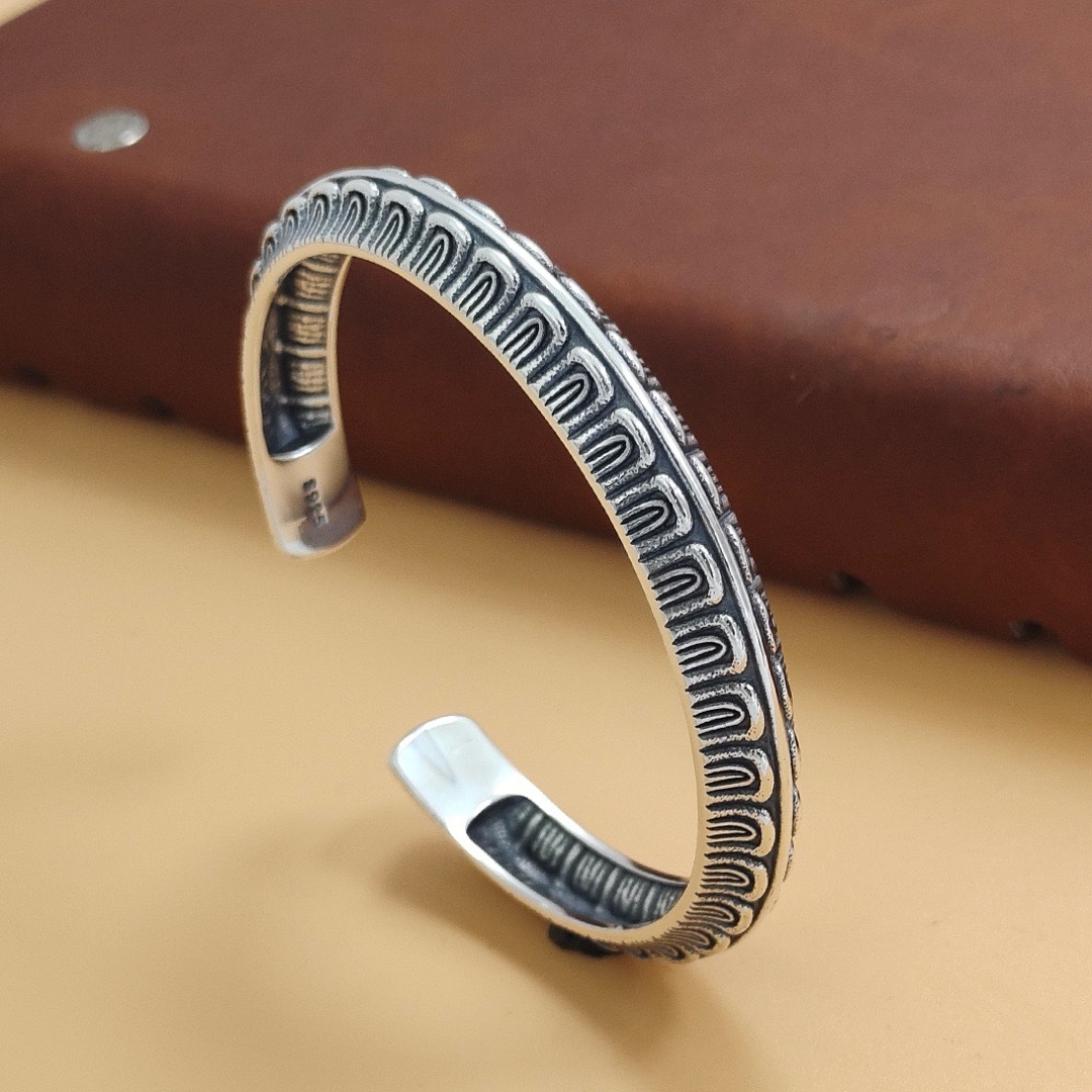 s925纯银 日本匠人银饰 复古做旧个性绳纹蛇手镯工厂直销泰银手镯