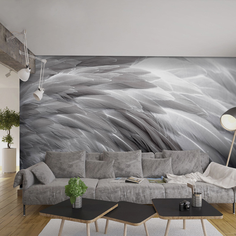 简约风现代客厅电视背景墙壁纸雾霾蓝艺术羽毛壁画书房卧室无缝布