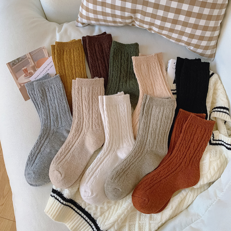 Socks[Customized] Autumn and Winter New Cotton Socks Retro Ins Trend Solid Color Socks Twist Warm and Simple Mid-Calf Sleeping Socks