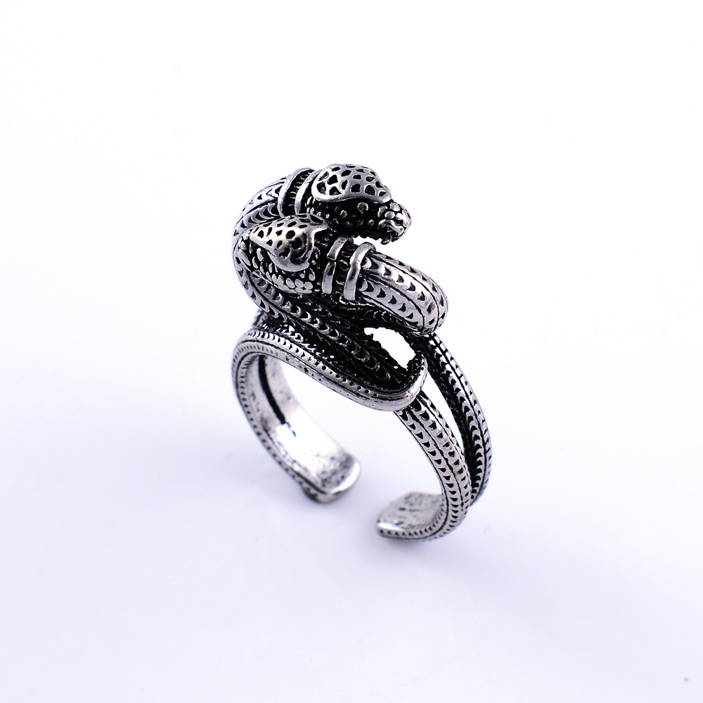 欧美跨境时尚复古眼镜双头蛇戒指 gsrden系列缠绕灵蛇男士开口戒