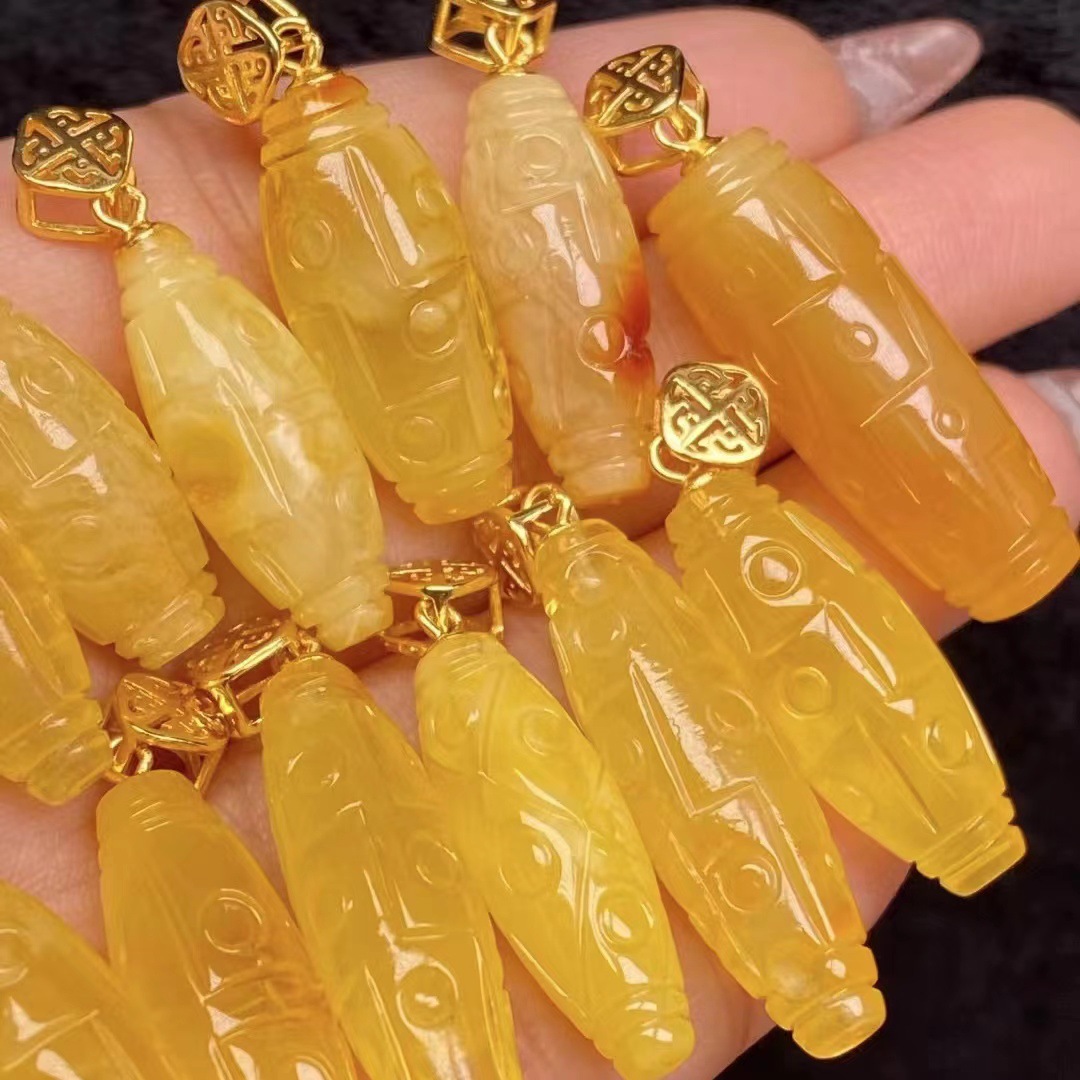 俄料 天然蜜蜡回纹天竺吊坠 鸡油黄满蜜 s925银镶嵌 尺寸20.6-28m