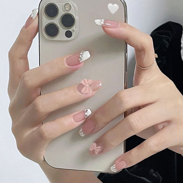 藕粉法式斜边闪钻蝴蝶结中长芭蕾甲网红同款穿戴美甲成品假指甲片