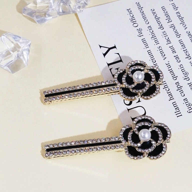 精致黑色山茶花发夹后脑勺一字夹头饰前额珍珠碎发卡子侧边发饰女