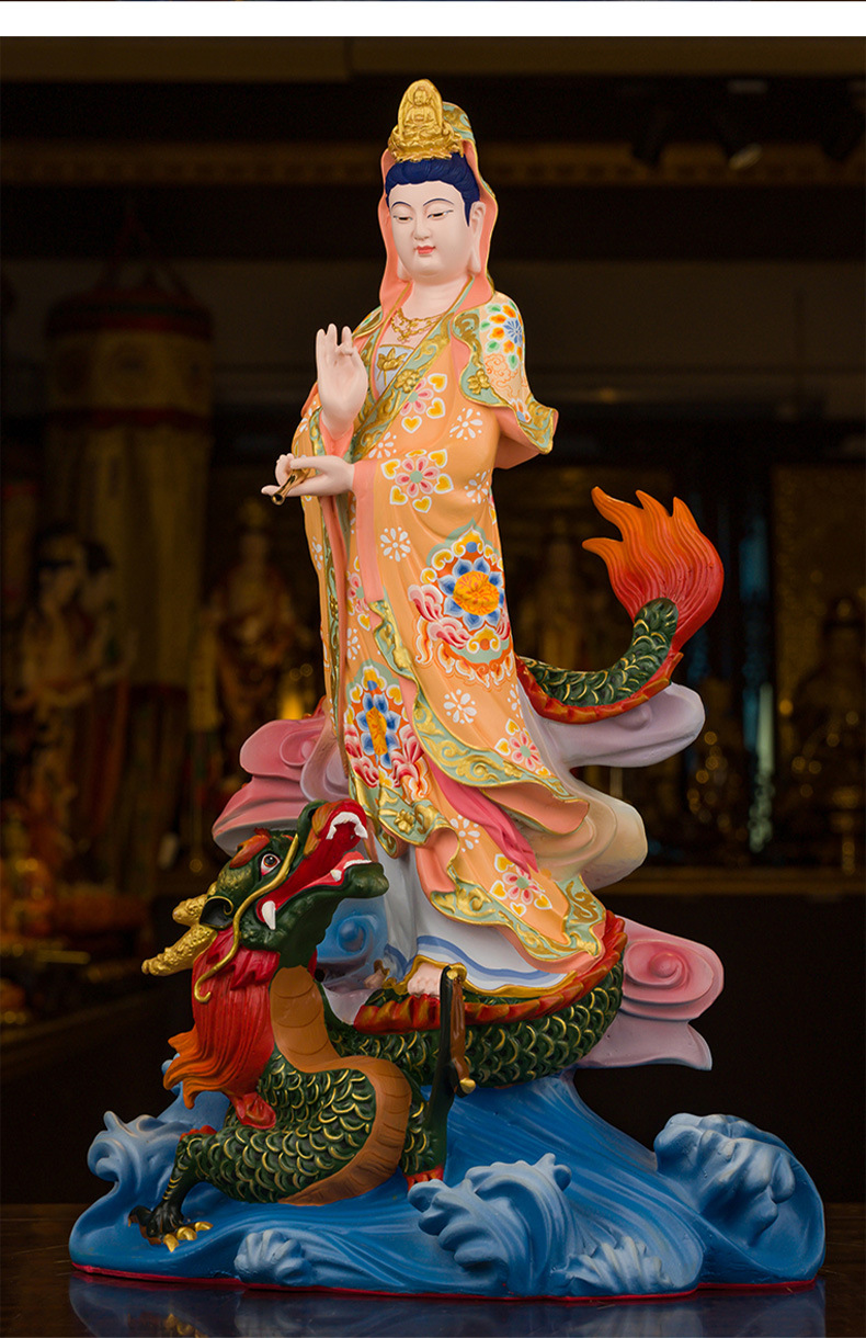 三漫陀踏龙观音站像纯铜唐彩南海普陀山观音菩萨佛像站龙观音佛像