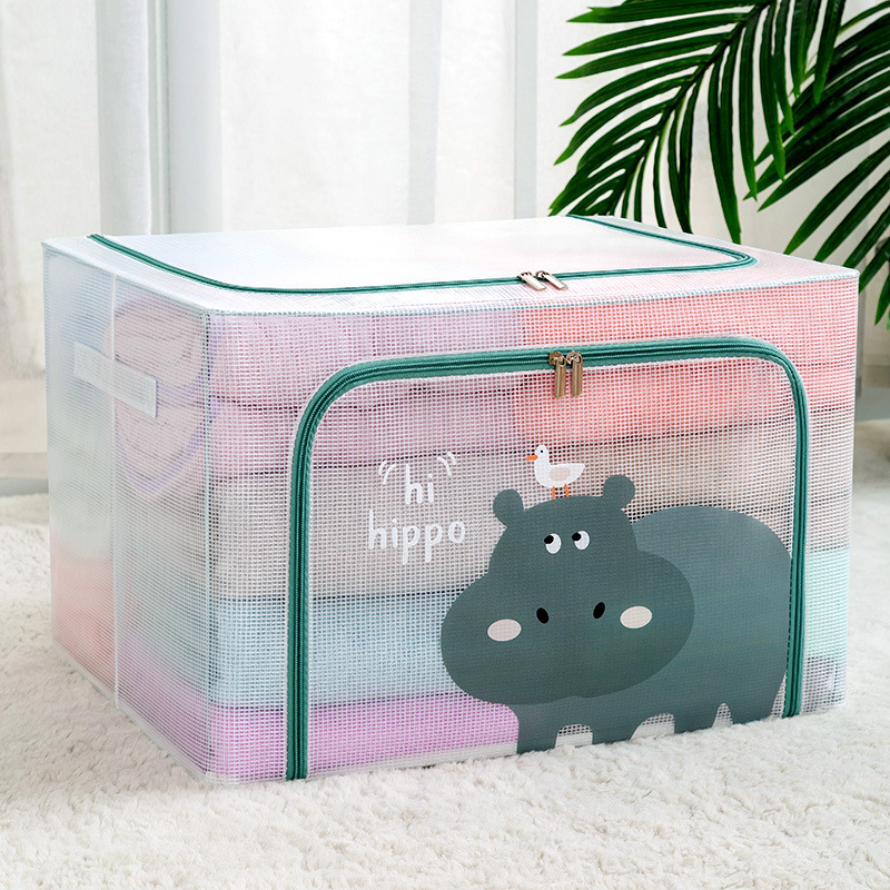 Cartoon Transparent Storage Box Household Waterproof Steel Frame Box Large Capacity Foldable Clothes Storage Box Quilt Storage Box