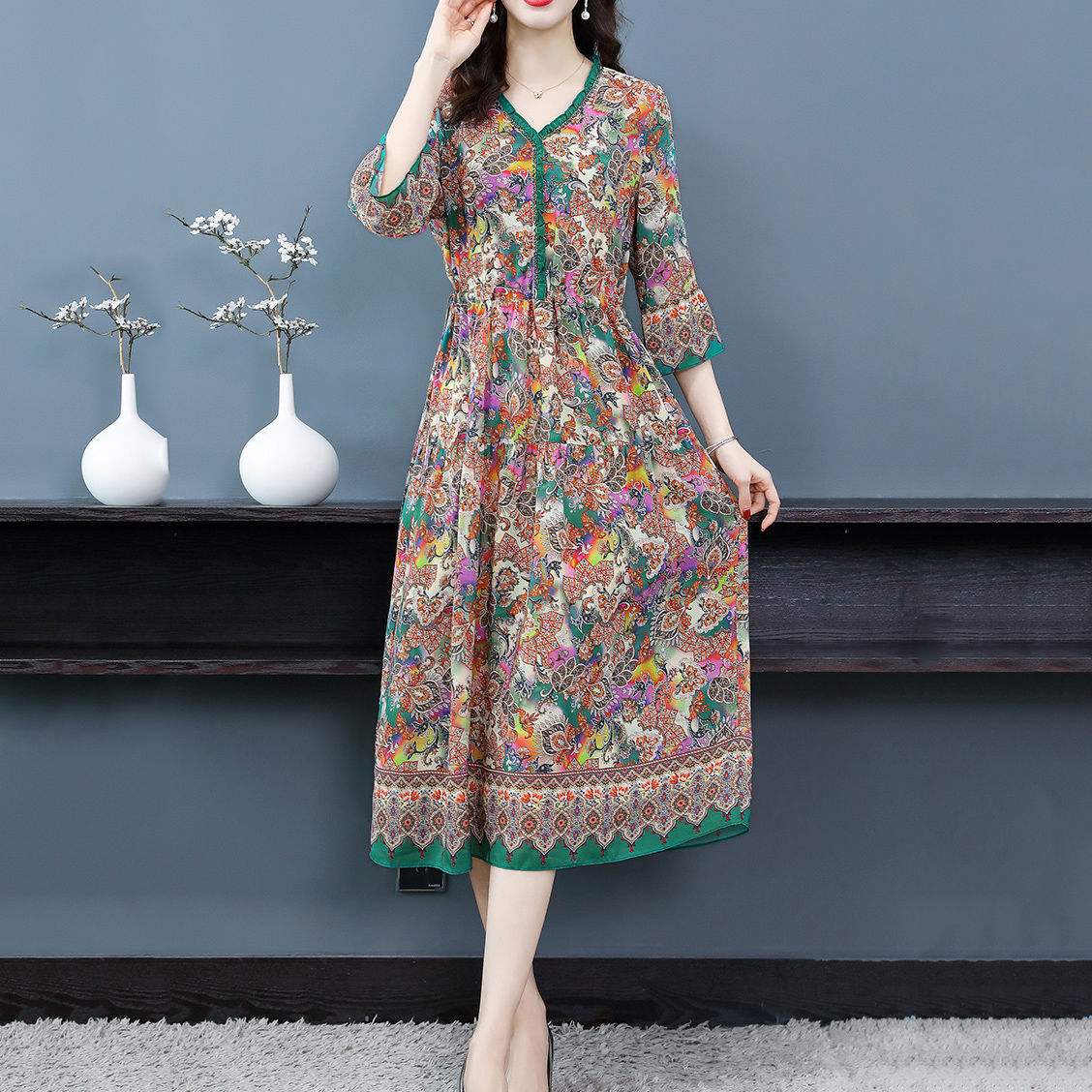 法式气质杭州真丝连衣裙夏新款宽松显瘦桑蚕丝过膝妈妈长裙