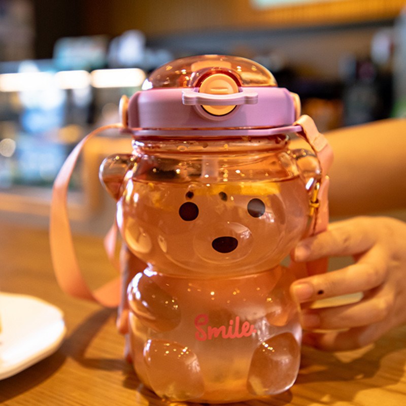 Bear Cake Towel Cute Big Belly Cup Summer Large-Capacity Water Cup Girls Good-looking Portable Plastic Straw Cup Wholesale