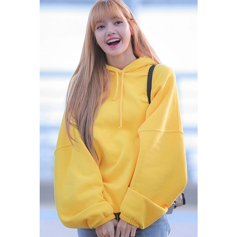 lisa明星同款卫衣女加绒加厚韩版秋冬黄色宽松学生ins连帽外套潮