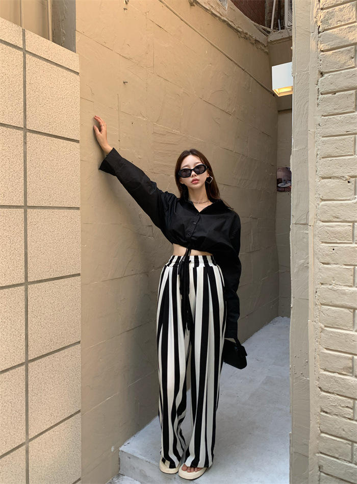 港味黑白条纹休闲裤女宽松拖地长裤阔腿裤夏季薄款显瘦高腰裤子潮