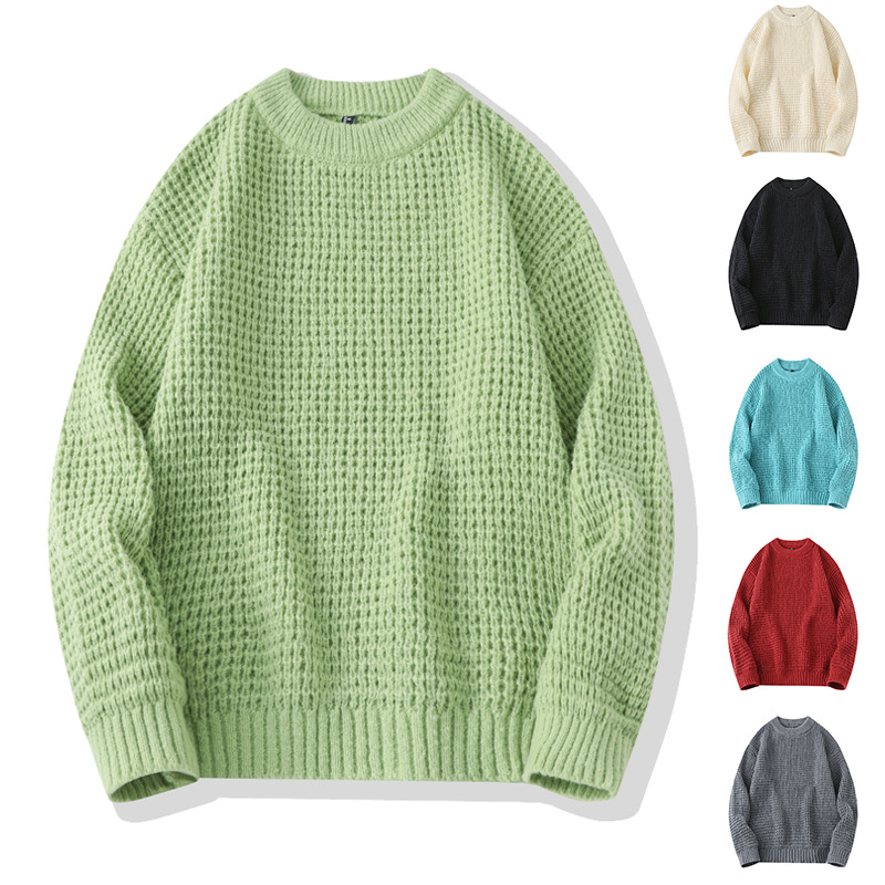 秋冬新款毛衣男重磅加厚日系潮流针织衫圆领宽松情侣华夫格线衣服