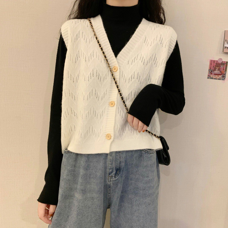 米白色v领针织马甲女装春秋季外搭叠穿毛衣背心坎肩网红无袖马夹