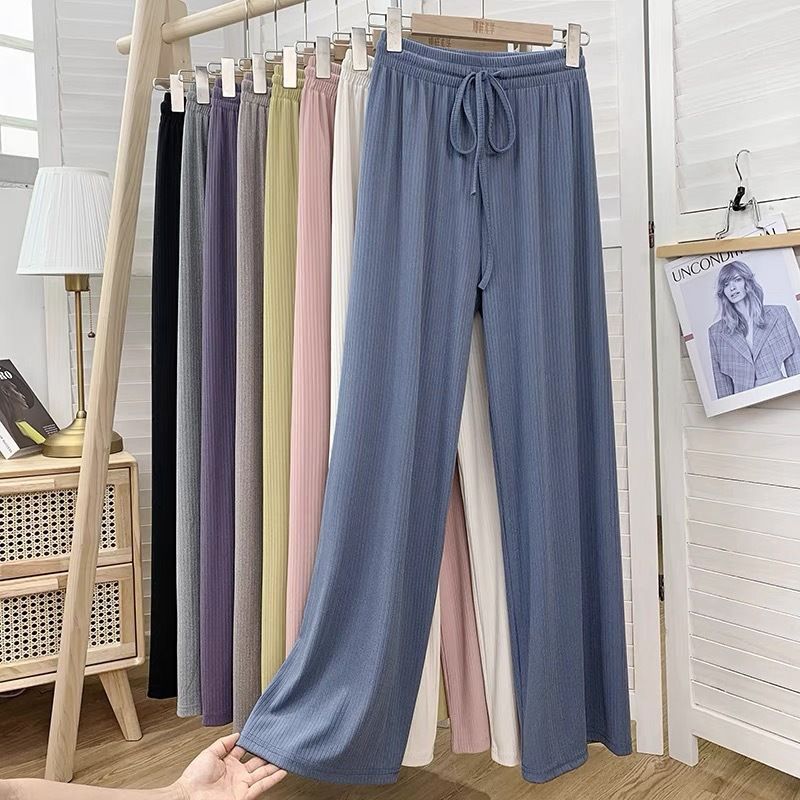 Korean Style High Waist Slimming the Journey of Flower Striped Knitted Drooping Wide-Leg Pants Women's Loose Mop Ice Silk Straight Women's Pants