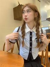学院风jk制服少女感衬衫夏季新款单排扣短款显瘦蓝色短袖上衣女装
